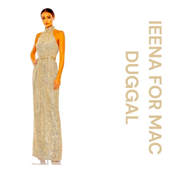 Ieena for Mac Duggal Dresses & Skirts - IEENA FOR MAC DUGGAL Gold Sequined Halter Neck Belted Soft Tie Gown, Size 4